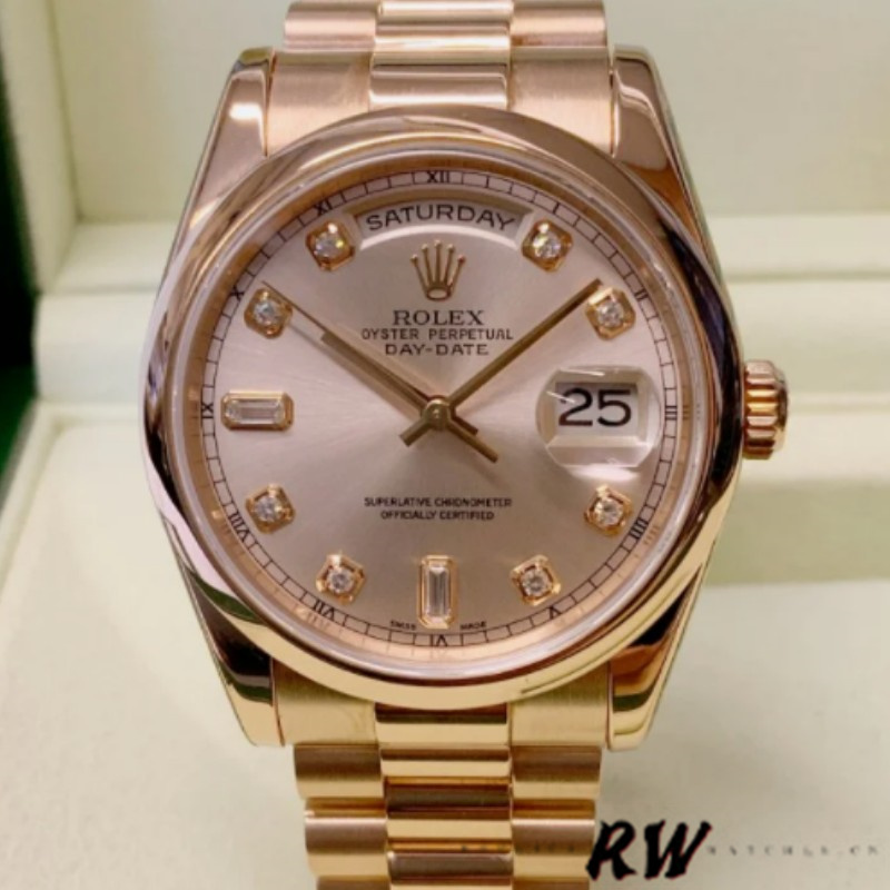 Rolex Day-Date 118205 Rose Gold Champagne Diamond Dial 36mm Unisex Replica Watch - QualitySwissReplica