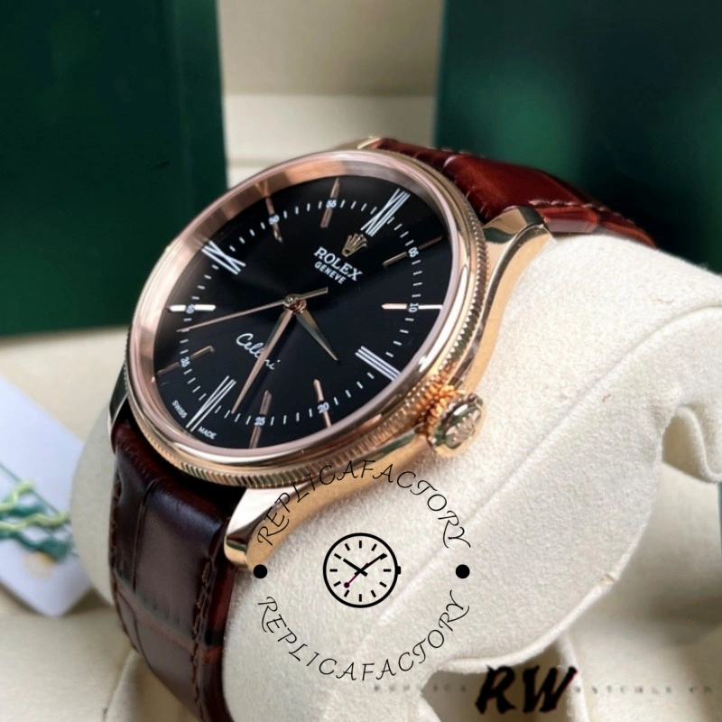 Rolex Cellini Time 50505 Brown Leather Strap Black Dial 39mm Mens Replica Watch - QualitySwissReplica