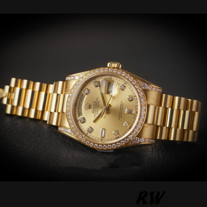 Rolex Day-Date 118388 Yellow Gold Champagne Dial 36MM Unisex Replica Watch - QualitySwissReplica