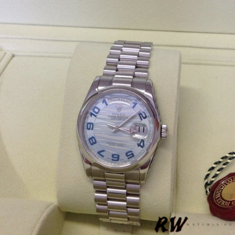 Rolex Day Date 118206 Wave Pattern Ice Blue Dial Arabic Numerals 36mm Unisex Replica Watch - QualitySwissReplica