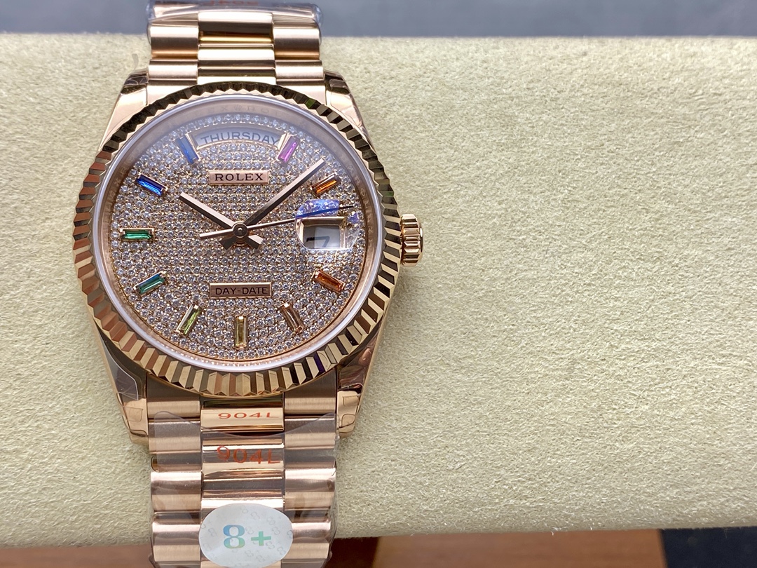 Rolex Day Date 36 Diamond Paved Dial Fluted Bezel 18K Everose gold 128235 0039 President Watch - QualitySwissReplica