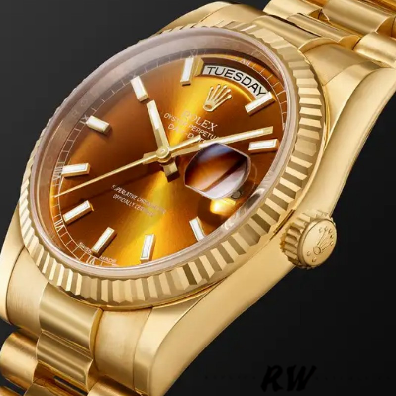 Rolex Day-Date 118238 Yellow Gold Index Cognac Dial 36mm Unisex Replica Watch - QualitySwissReplica