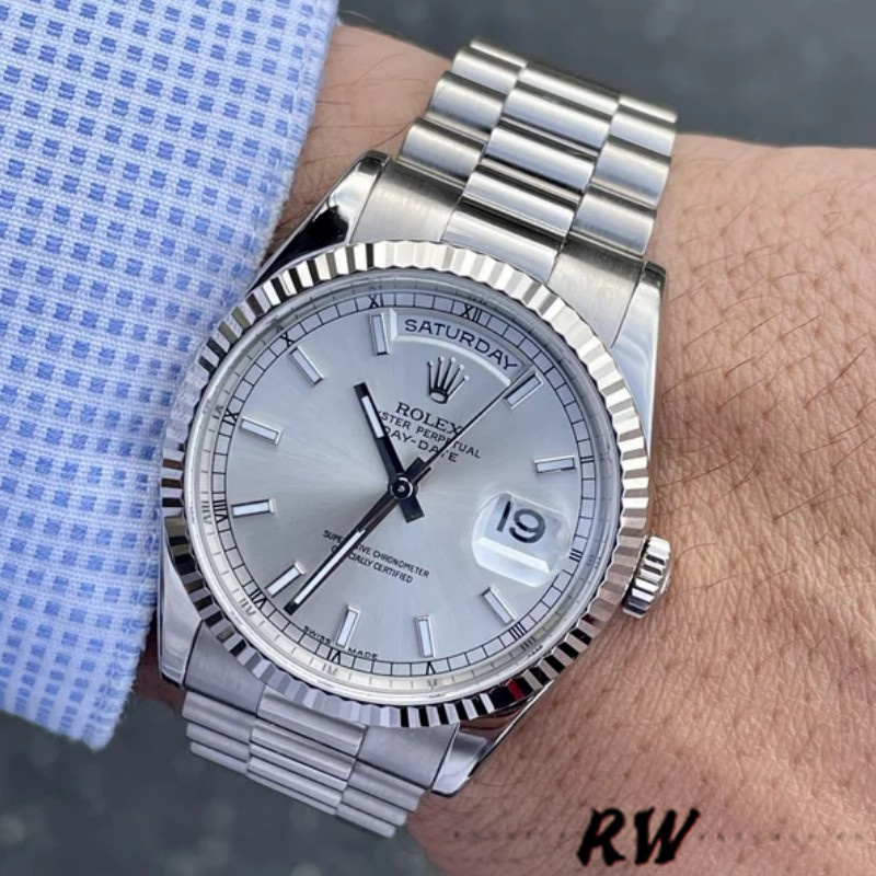 Rolex Day-Date 118239 White Gold White Dial Fluted Bezel 36mm Unisex Replica Watch - QualitySwissReplica