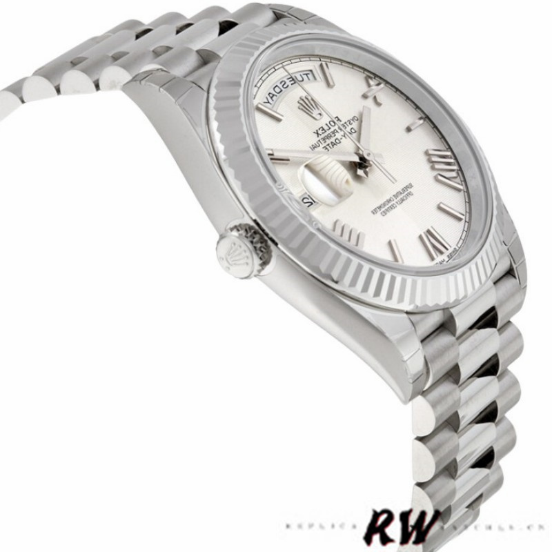 Rolex Day-Date 228239 Silver Quadrant Motif Roman Dial Fluted Bezel 40mm Mens Replica Watch - QualitySwissReplica