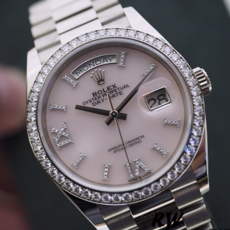 Rolex Day-Date 128349RBR Pink Opal Dial Diamond Bezel 36MM Unisex Replica Watch - QualitySwissReplica