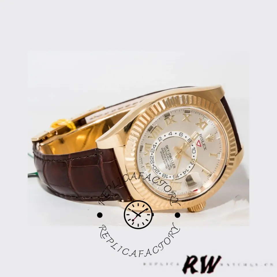 Rolex Sky-Dweller 326138 Sunray Silver Dial Yellow Gold 42MM Mens Replica Watch - QualitySwissReplica