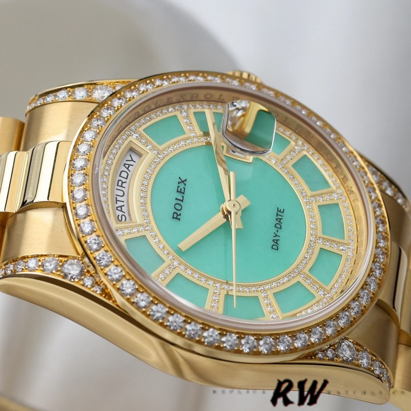 Rolex Day-Date 118388 Yellow Gold Green Diamond Diamond Dial 36MM Unisex Replica Watch - QualitySwissReplica