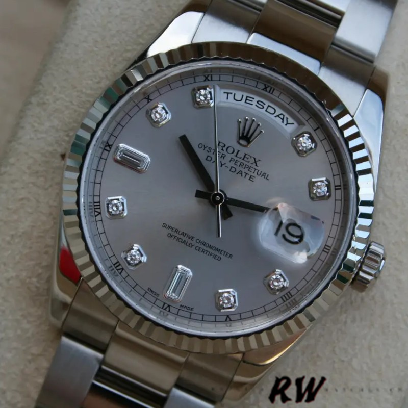 Rolex Day-Date 118239 Silver Diamond Dial fluted bezel 36mm Unisex Replica Watch - QualitySwissReplica