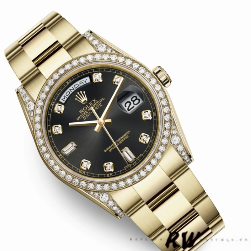 Rolex Day-Date 118388 yellow gold Black Diamond Dial 36mm Unisex Replica Watch - QualitySwissReplica
