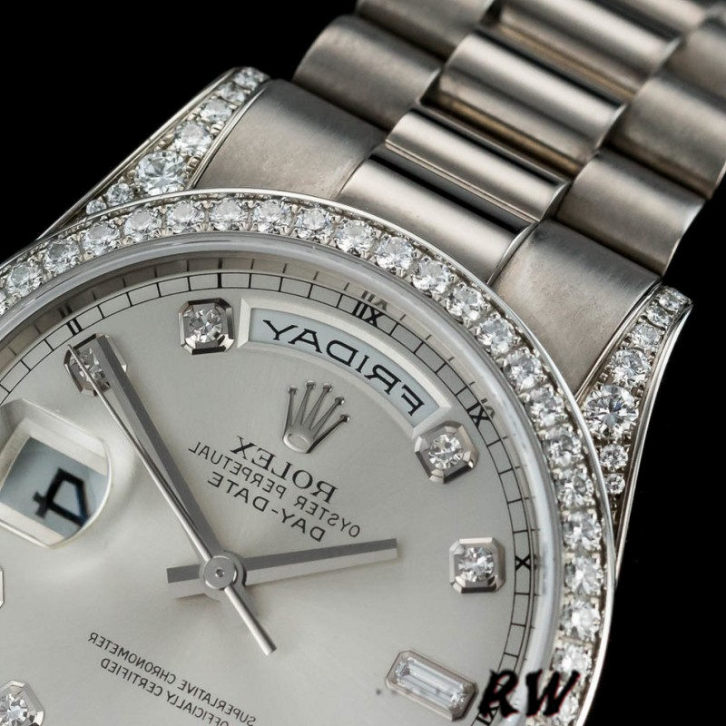 Rolex Day-Date 118389 White Gold Silver Diamond dial 36MM Unisex Replica Watch - QualitySwissReplica