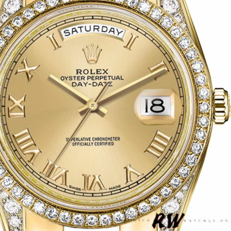 Rolex Day-Date 118388 Diamond Bezel Champagne Roman Numeral Dial 36MM Unisex Replica Watch - QualitySwissReplica