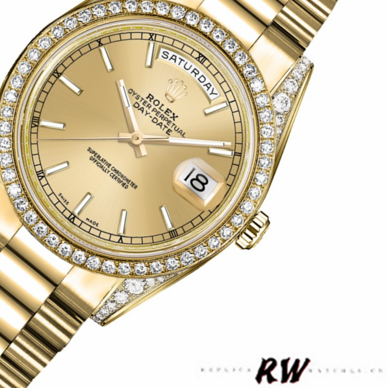Rolex Day-Date 118388 Diamond Bezel Champagne Index Dial 36MM Unisex Replica Watch - QualitySwissReplica