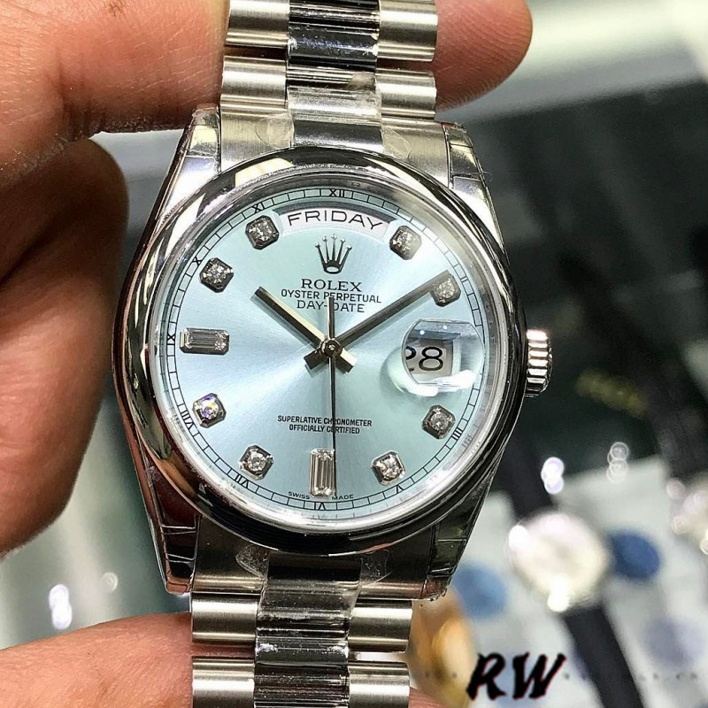 Rolex Day-Date 118206 Ice Blue Dial Diamond Platinum 36mm Unisex Replica Watch - QualitySwissReplica