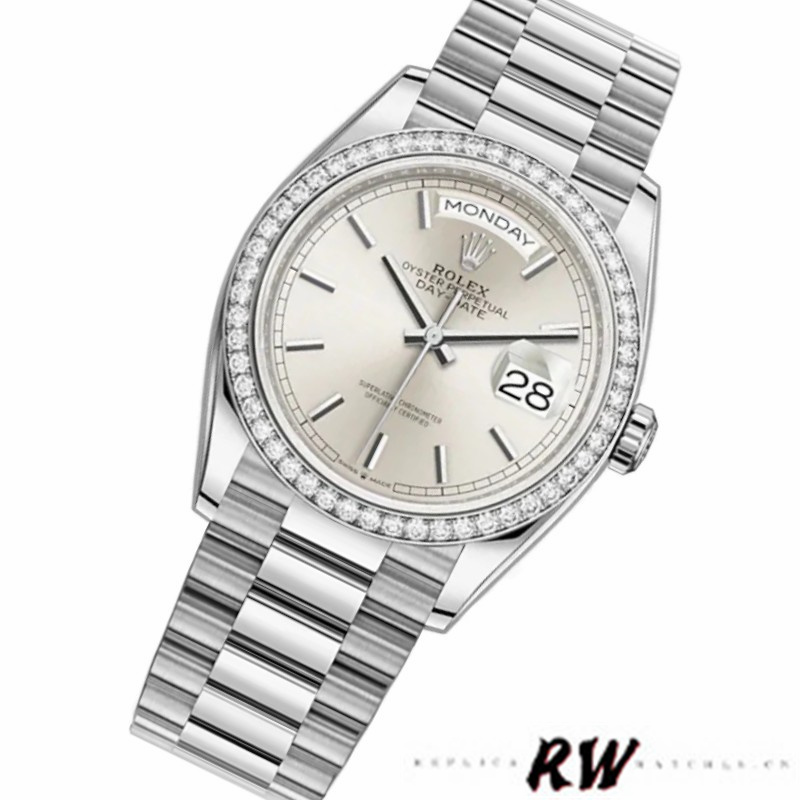 Rolex Day-Date 128349RBR Silver Index Dial Diamond Bezel 36MM Unisex Replica Watch - QualitySwissReplica
