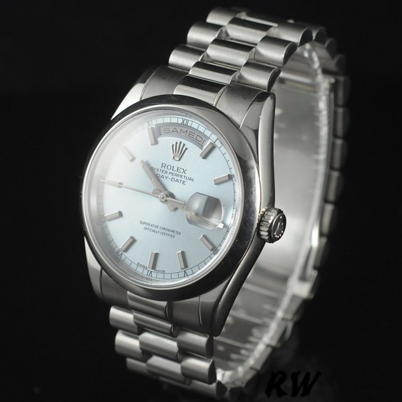 Rolex Day-Date 118206 Ice Blue Dial Polished Platinum Bezel 36mm Unisex Replica Watch - QualitySwissReplica
