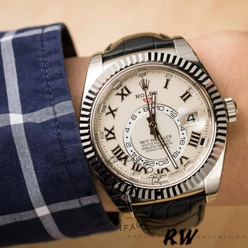 Rolex Sky-Dweller 326139 Ivory Roman Dial Leather Strap 42MM Mens Replica Watch - QualitySwissReplica