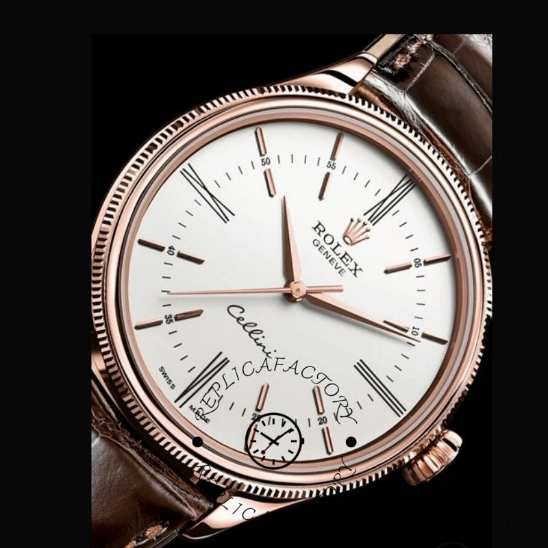Rolex Cellini Time 50505 Brown Leather Strap White Dial 39mm Mens Replica Watch - QualitySwissReplica