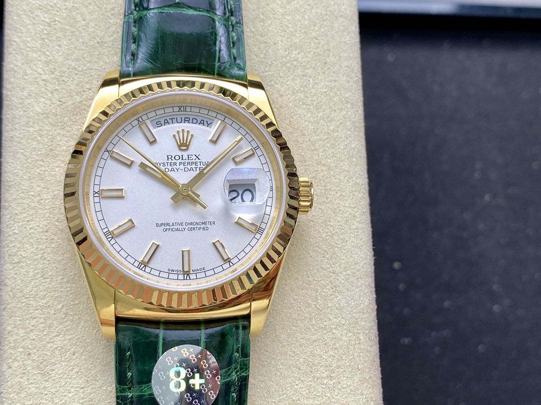 Rolex Day Date 36 White Dial 118135 0123 Green Leather Watch - QualitySwissReplica
