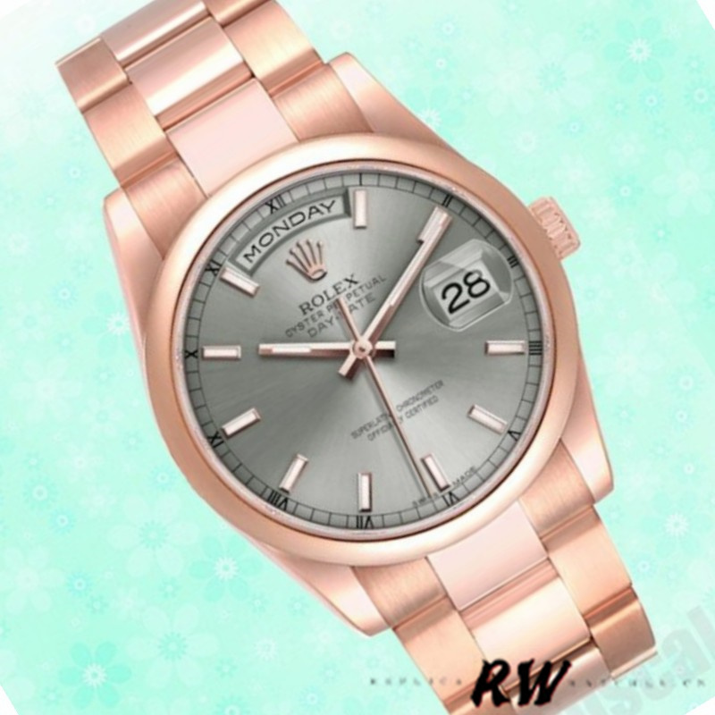 Rolex Day-Date 118205 Rose Gold Grey Dial 36mm Unisex Replica Watch - QualitySwissReplica