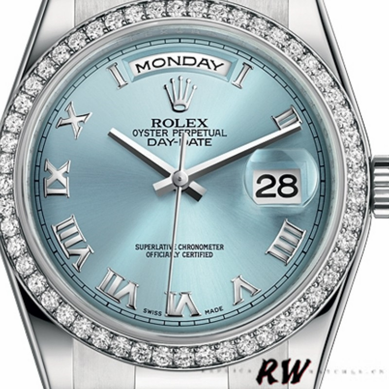 Rolex Day Date 118346 Roman Ice Blue Dial 36mm Unisex Replica Watch - QualitySwissReplica