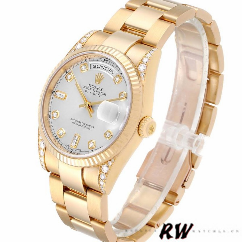 Rolex Day-Date 118338 Yellow gold Silver Diamond dial 36mm Unisex Replica Watch - QualitySwissReplica