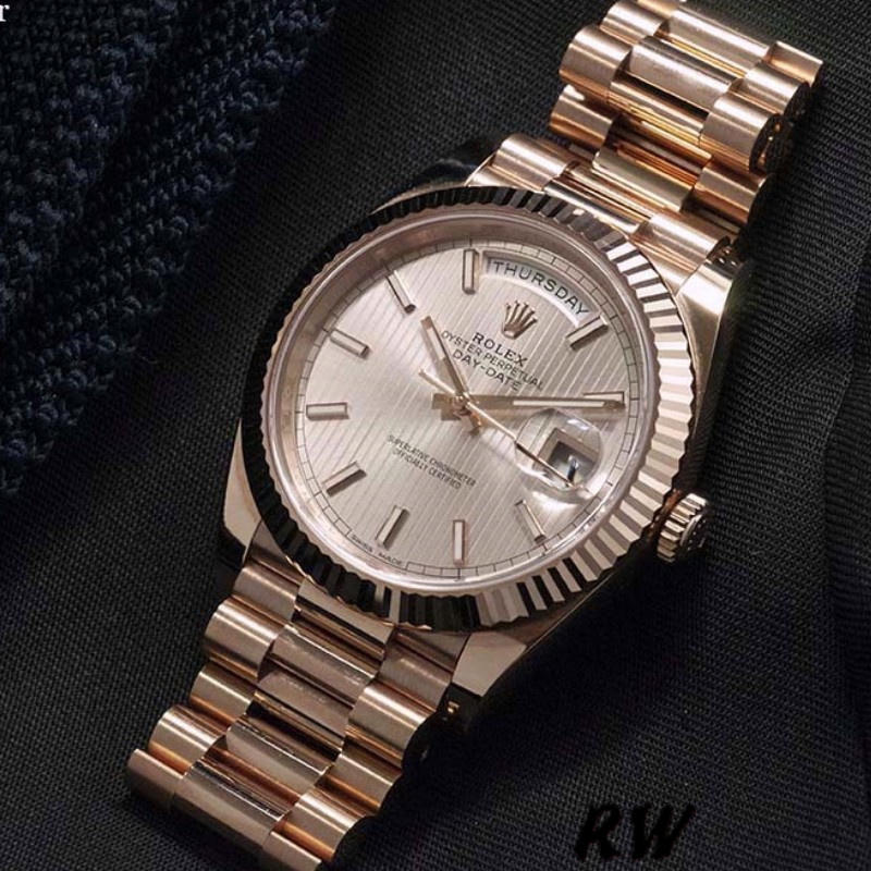 Rolex Day-Date 228235 Sundust Stripe Motif Dial Fluted Bezel 40mm Mens Replica Watch - QualitySwissReplica