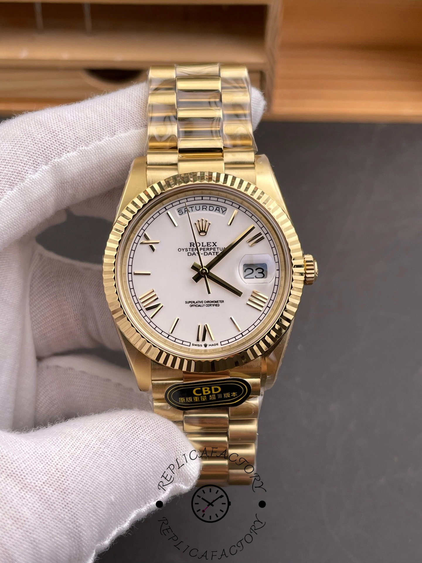 Rolex Day-Date 228238 White Roman Dial Fluted Bezel 40mm Mens Replica Watch - QualitySwissReplica