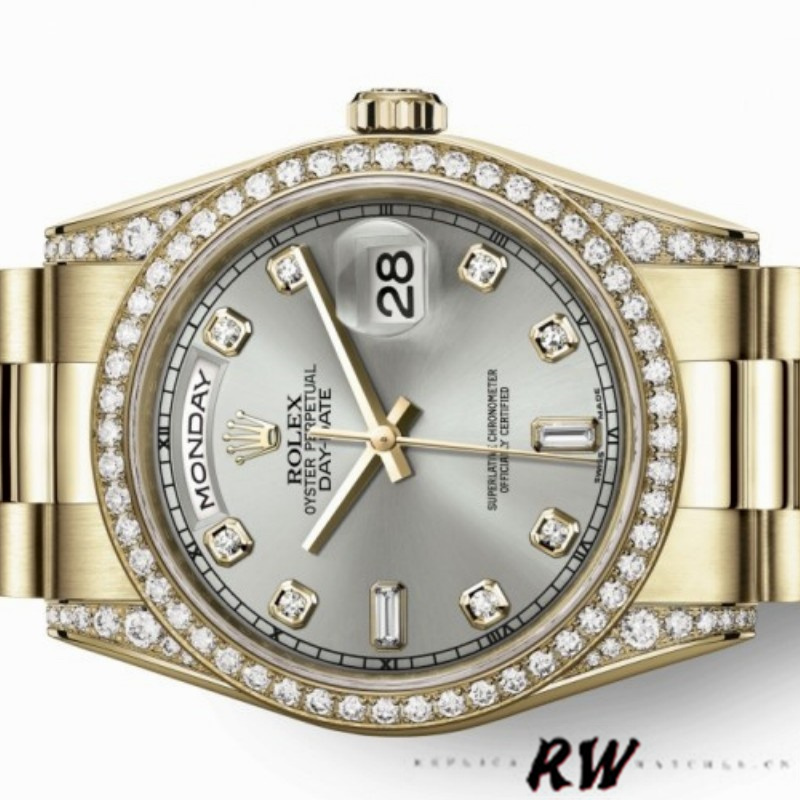 Rolex Day-Date 118388 Yellow Gold Silver Diamond Dial 36MM Unisex Replica Watch - QualitySwissReplica