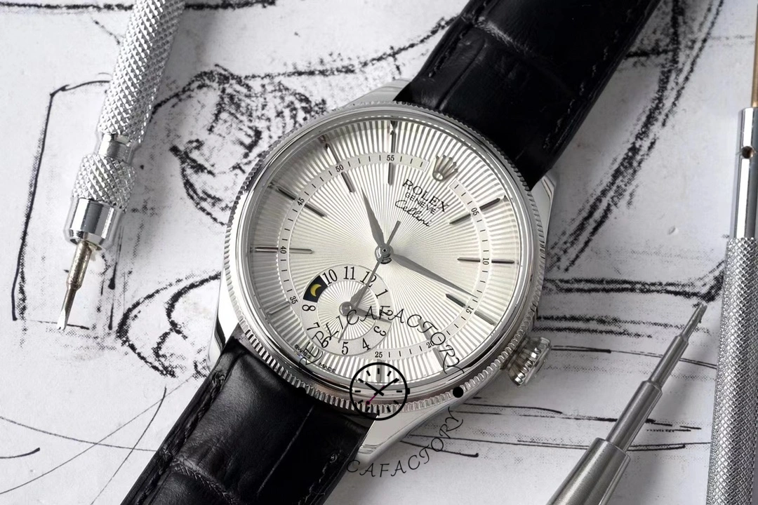 Rolex Cellini Dual Time 50529 Silver Sunburst Dial Brown Leather Strap 39mm Mens Replica Watch - QualitySwissReplica