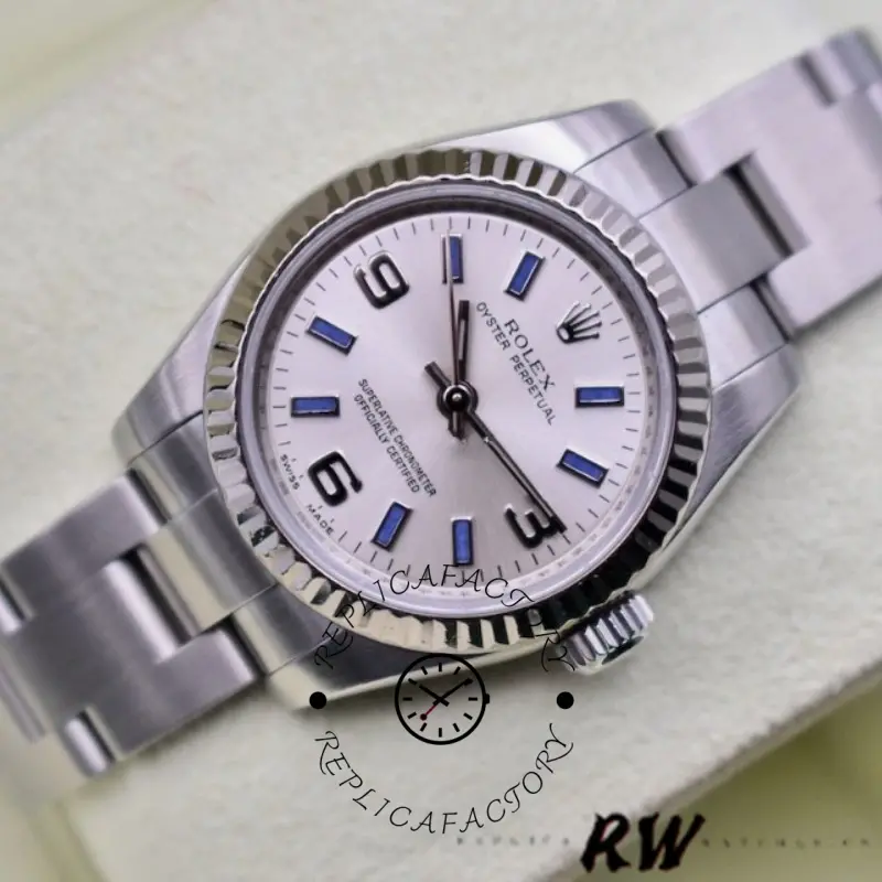 Rolex Oyster Perpetual 176234 Silver Dial Blue Baton 26MM Lady Replica Watch - QualitySwissReplica