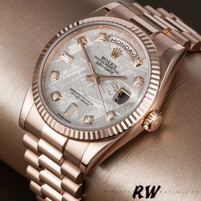 Rolex Day-Date 118235 Everose Gold Meteorite Diamond Dial 36mm Unisex Replica Watch - QualitySwissReplica