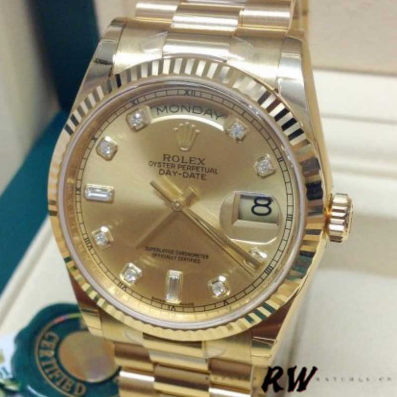 Rolex Day-Date 118238 Champagne Diamond Dial 36mm Unisex Replica Watch - QualitySwissReplica
