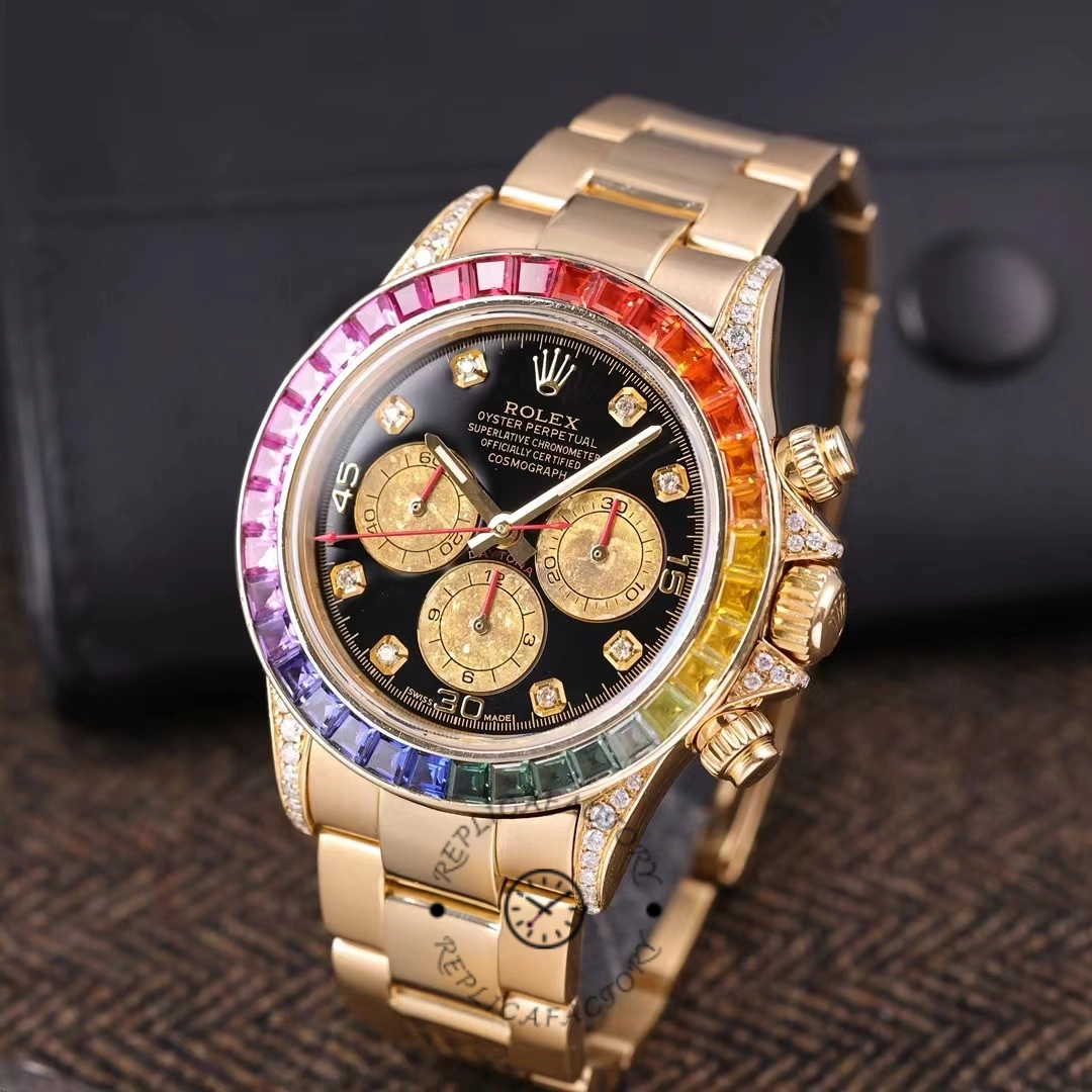 Rolex Daytona 116528 Rainbow Bezel Black Diamond Dial 40mm Mens Replica Watch - QualitySwissReplica