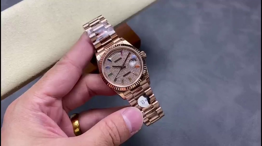 Rolex Day Date 36 Diamond Paved Dial Fluted Bezel 18K Everose gold 128235 0039 President Watch - QualitySwissReplica