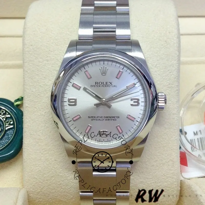 Rolex Oyster Perpetual 177200 Silver Dial Pink Markers 31mm Lady Replica Watch - QualitySwissReplica