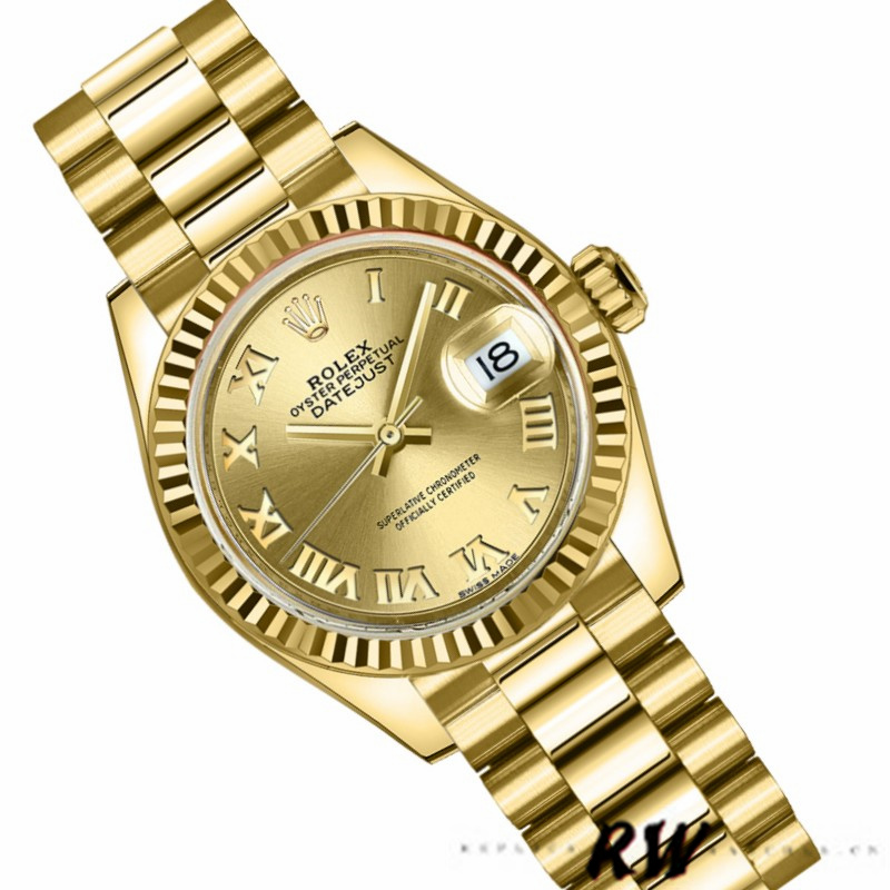Rolex Datejust 279178 Champagne Roman Dial Fluted Bezel 28mm Lady Replica Watch - QualitySwissReplica