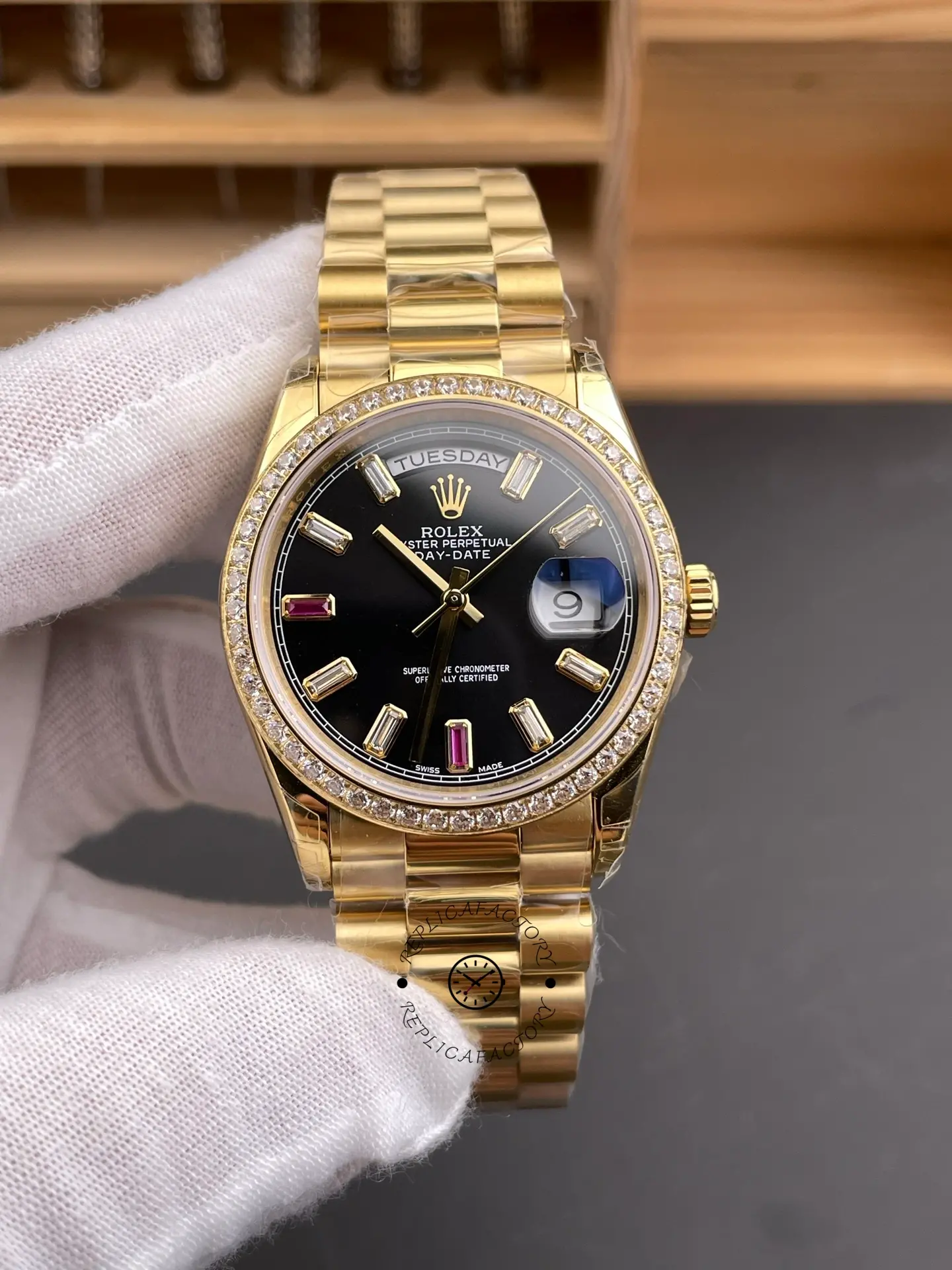 Rolex Day Date 118348 Black Diamond Dial 36mm Unisex Replica Watch - QualitySwissReplica