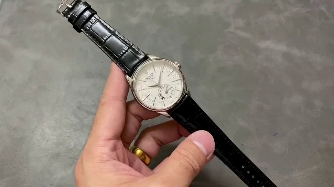 Rolex Cellini Dual Time 50529 Silver Sunburst Dial Black Leather Strap 39mm Mens Replica Watch - QualitySwissReplica