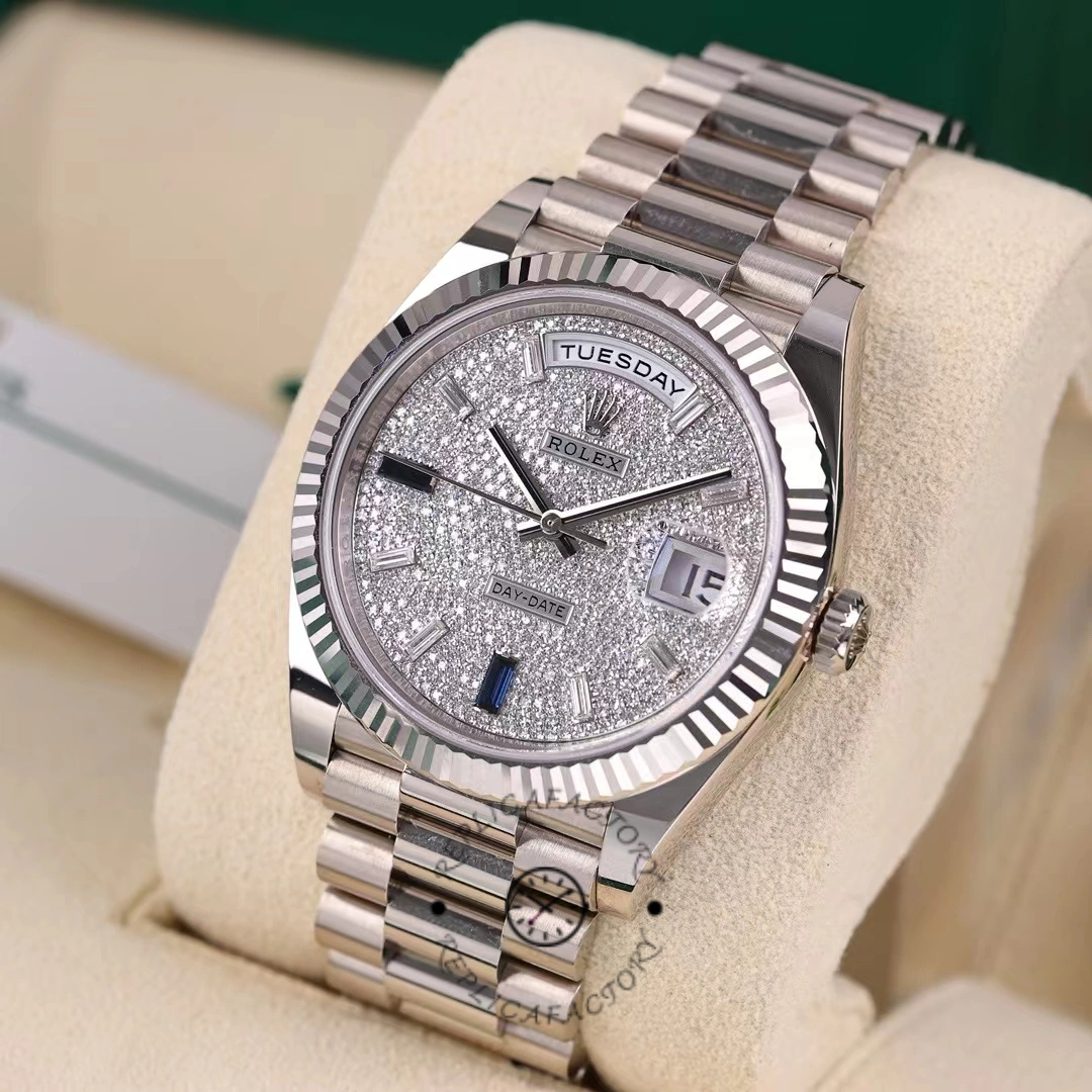 Rolex Day-Date 228239 Diamond Paved Dial Fluted Bezel 40mm Mens Replica Watch - QualitySwissReplica