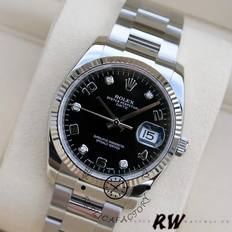 Rolex Oyster Perpetual Date 115234 Black Diamond Dial 34mm Unisex Replica Watch - QualitySwissReplica