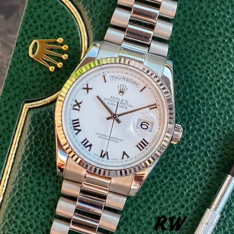 Rolex Day-Date 118239 Roman Numeral White Dial 36mm Unisex Replica Watch - QualitySwissReplica