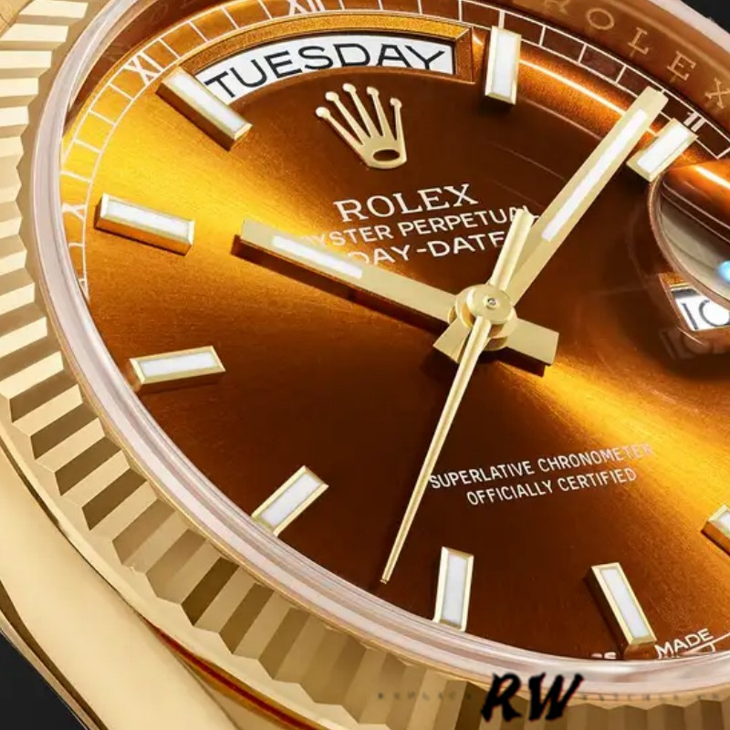 Rolex Day-Date 118238 Yellow Gold Index Cognac Dial 36mm Unisex Replica Watch - QualitySwissReplica