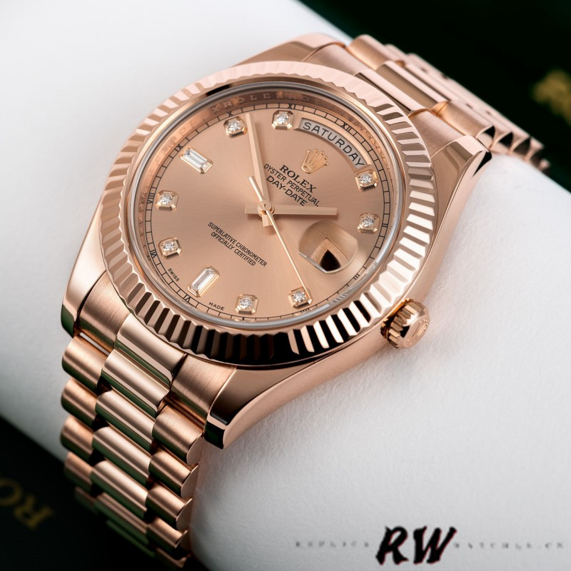 Rolex Day-Date 218235 Champagne Diamonds Dial Rose Gold 41MM Mens Replica Watch - QualitySwissReplica