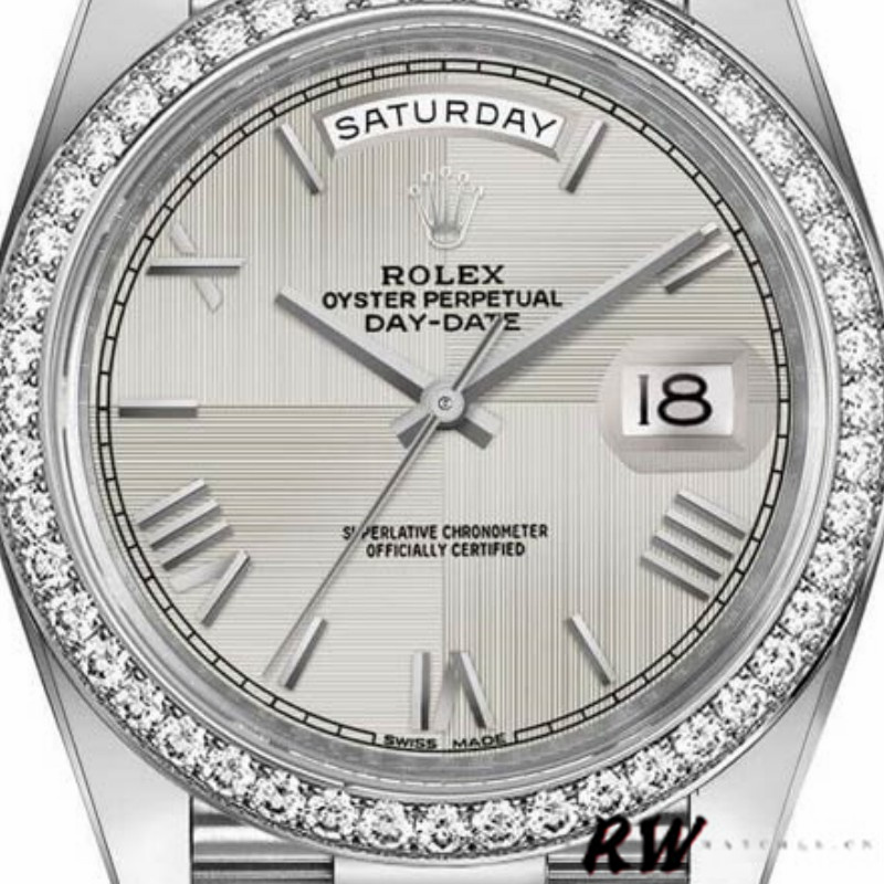 Rolex Day-Date 228349RBR Silver Roman Dial Diamond Bezel 40mm Mens Replica Watch - QualitySwissReplica