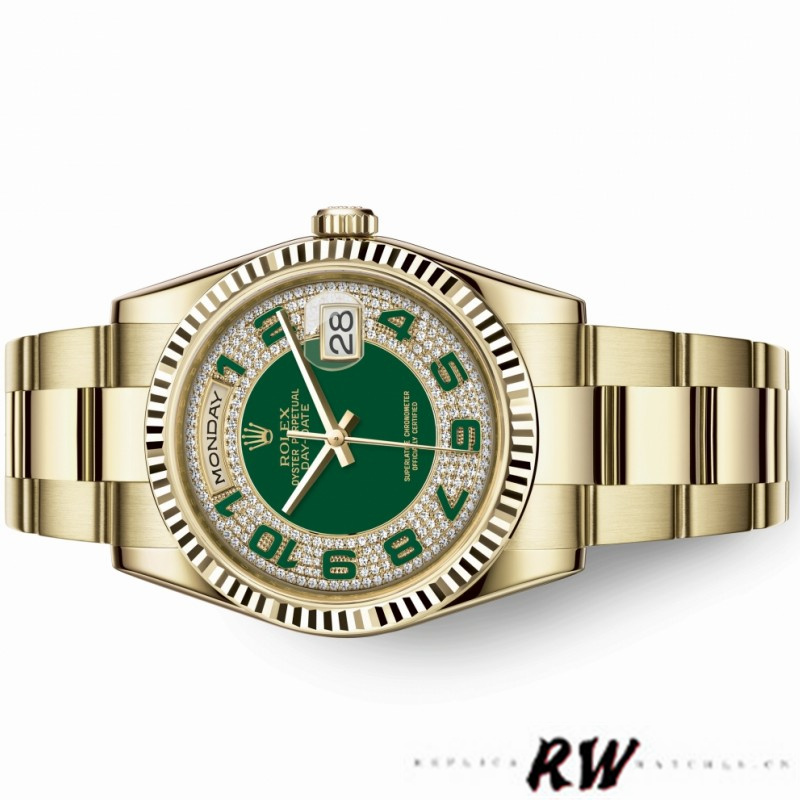 Rolex Day-Date 118238 Green Diamond Pave Dial 36mm Unisex Replica Watch - QualitySwissReplica