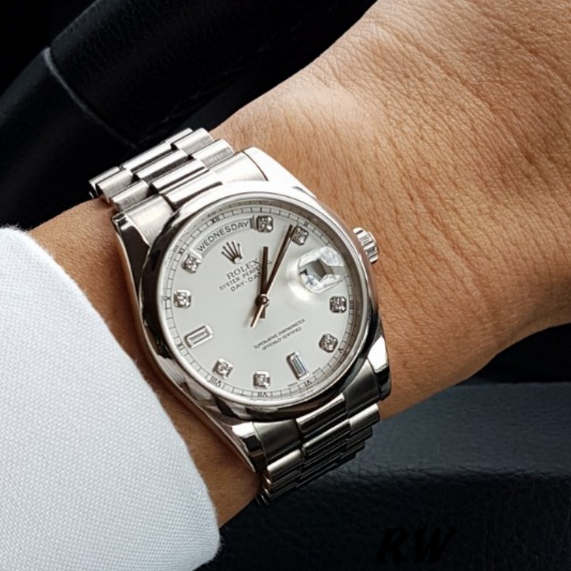 Rolex Day-Date 118209 White Gold Silver Diamond Dial Automatic 36mm Unisex Replica Watch - QualitySwissReplica
