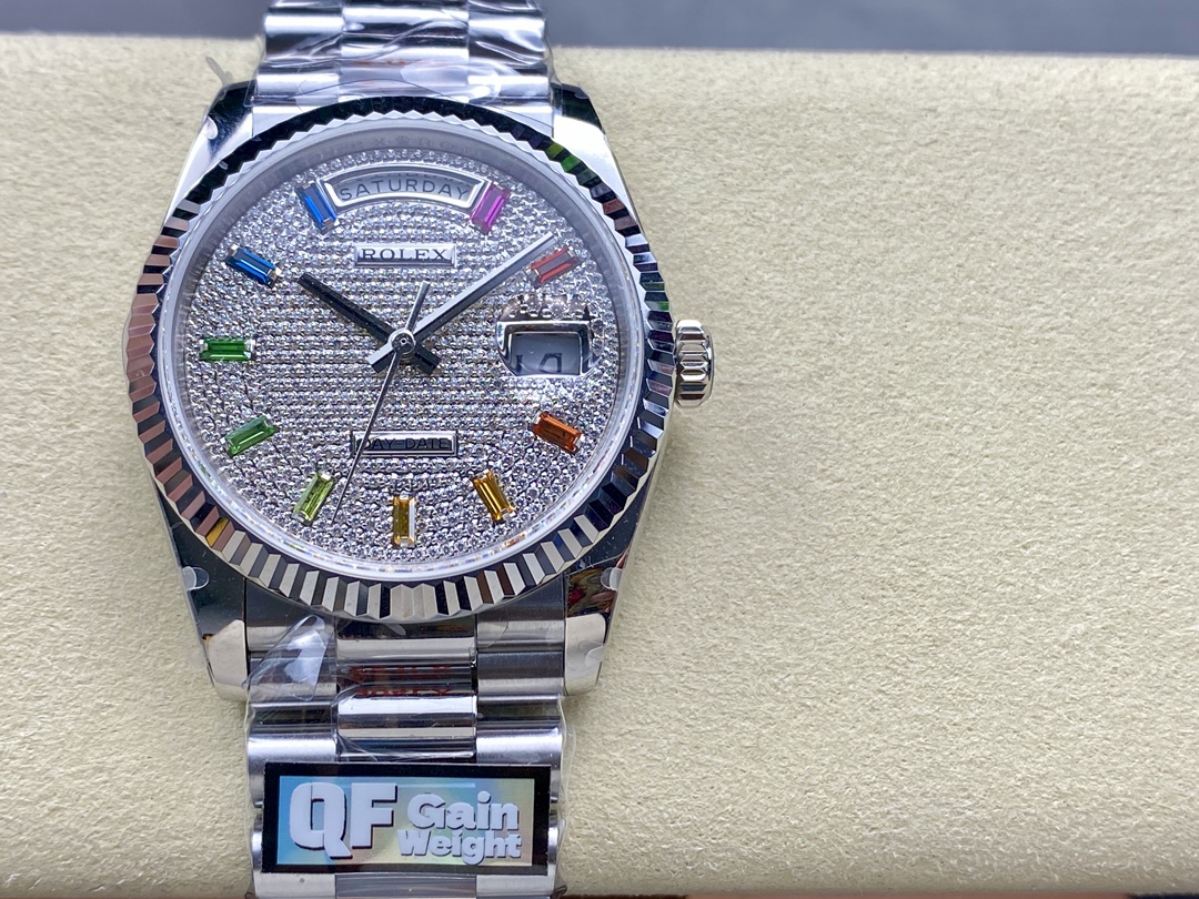 Rolex Day Date 36mm White Gold 128239 0016 Pave Rainbow Diamond Dial - QualitySwissReplica