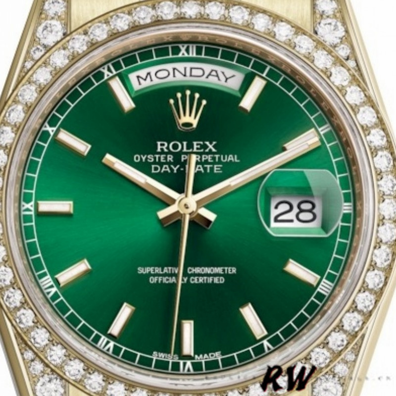 Rolex Day-Date 118388 Yellow Gold Green Index Dial 36MM Unisex Replica Watch - QualitySwissReplica