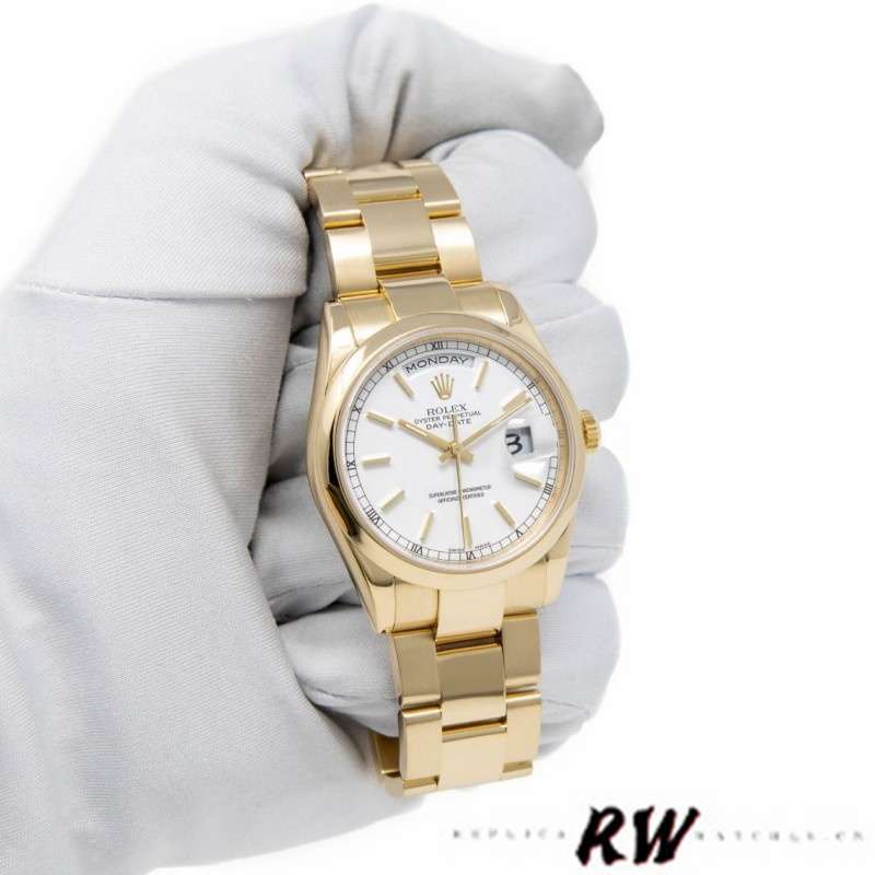 Rolex Day-Date 118208 White Dial Yellow Gold 36mm Unisex Replica Watch - QualitySwissReplica