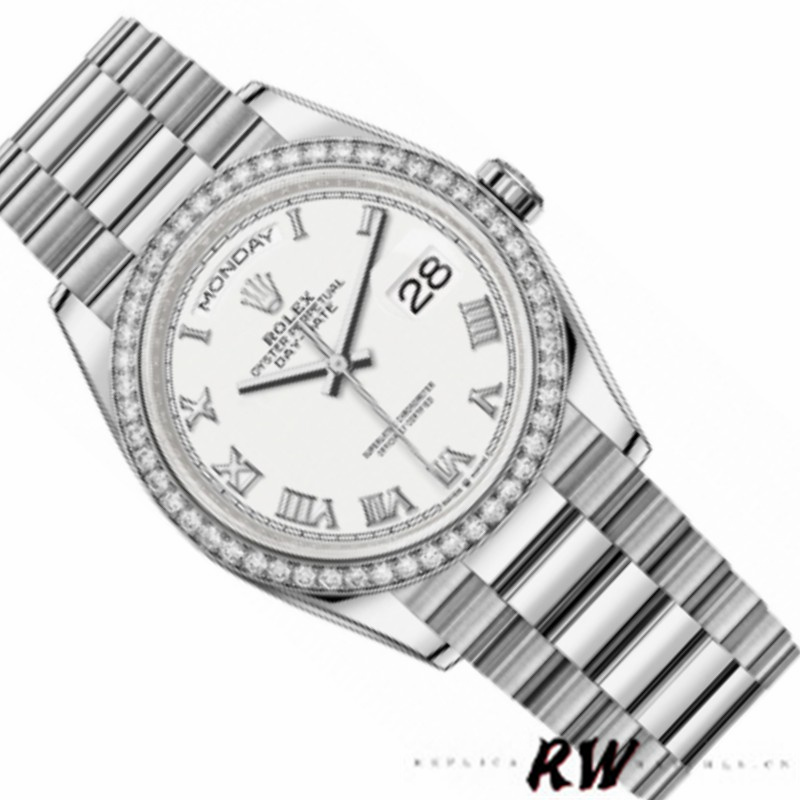 Rolex Day-Date 128349RBR White Roman Dial Diamond Bezel 36MM Unisex Replica Watch - QualitySwissReplica